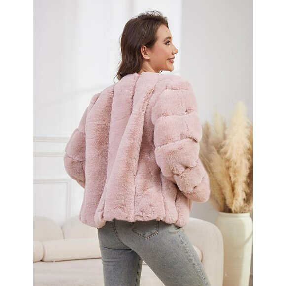 Women's Faux Fur Coat Long Sleeves Open Front Warm Winter Cropped Jacket Pink - Picture 5 of 6